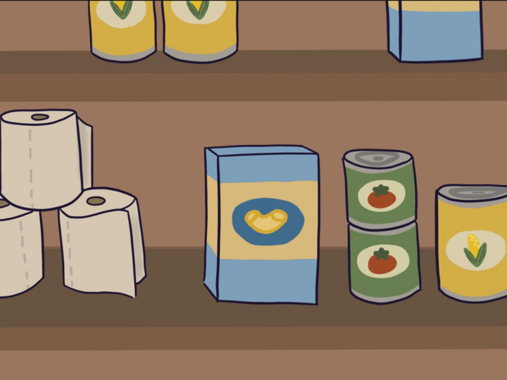 Cartoon-like drawing of toilet paper, boxed pasta, and cans