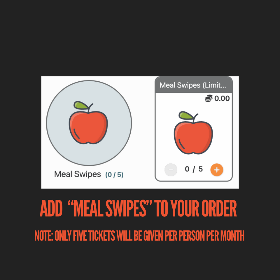 Pantry soft screenshot of the item "Meal Swipes" with the words "Add Meal Swipes to your order, note: Only five tickets will be given per person per month."
